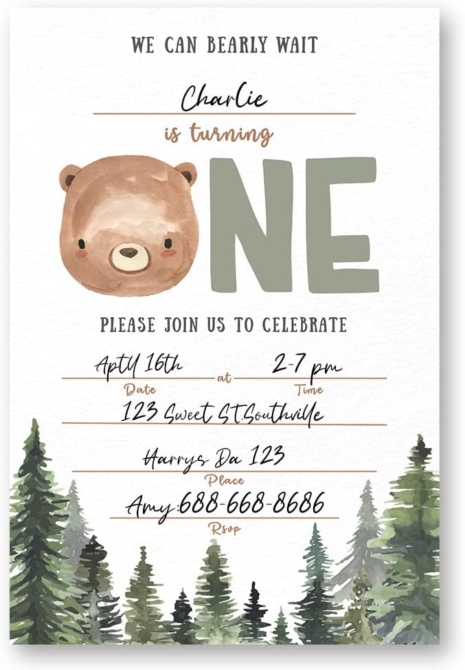 Woodland Bear First Birthday Invitation Set 024