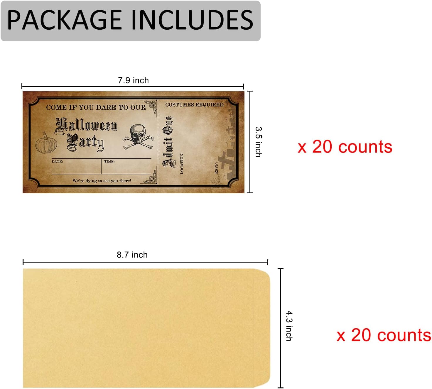 20 Halloween Party Invitations with Envelopes and Tape