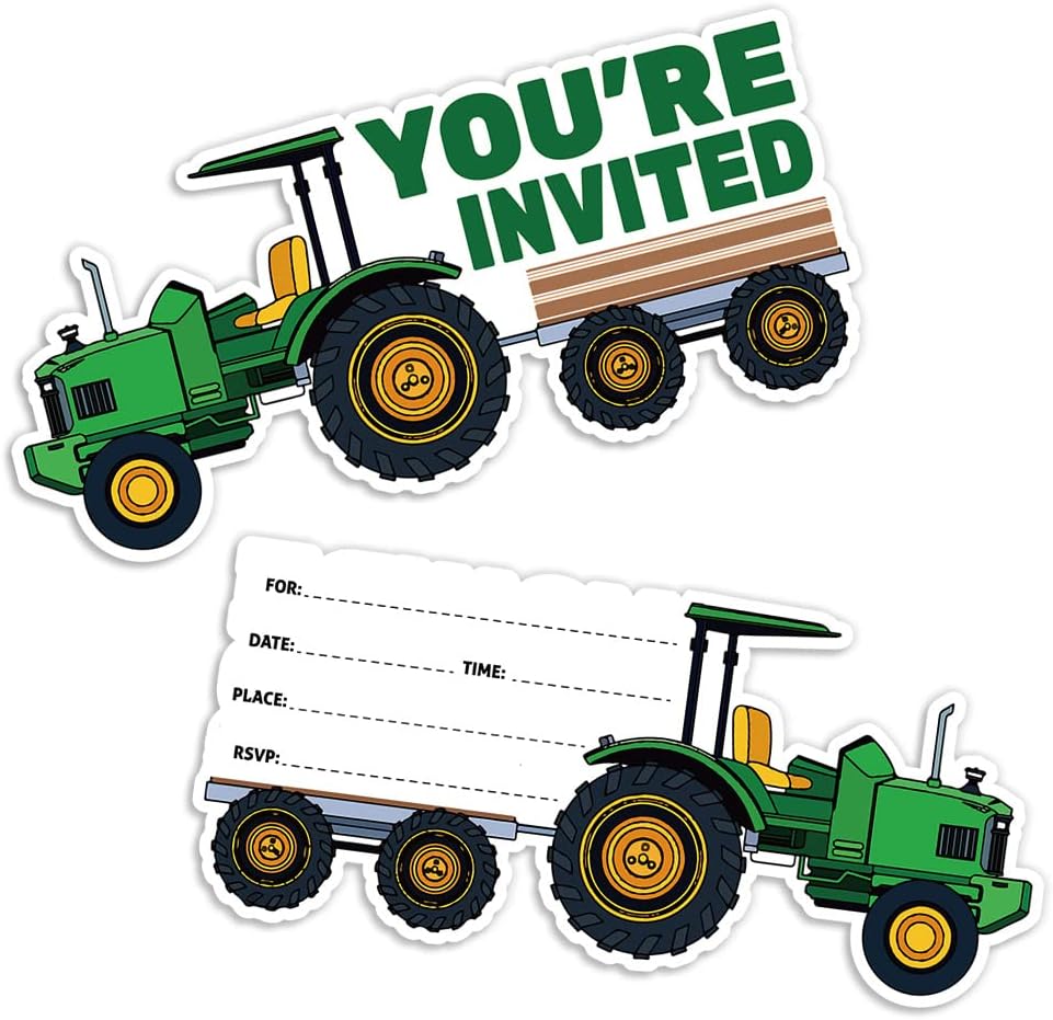 15 Sheet Green Tractor Party Invitation Set