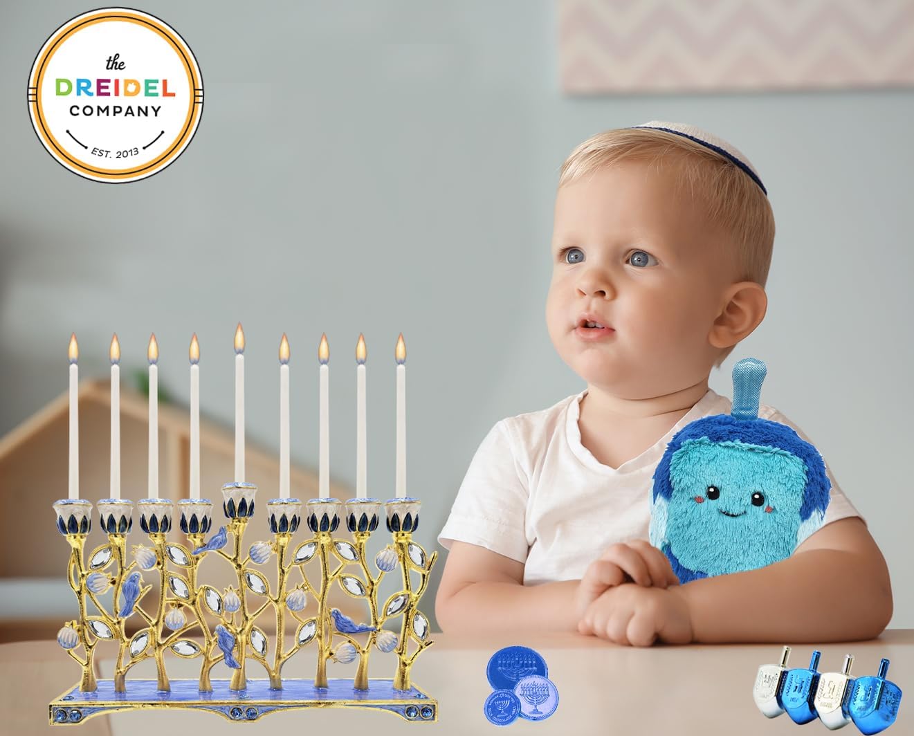 The Dreidel Company Hanukkah Menorah with Pomegranate and Blue Bird Design