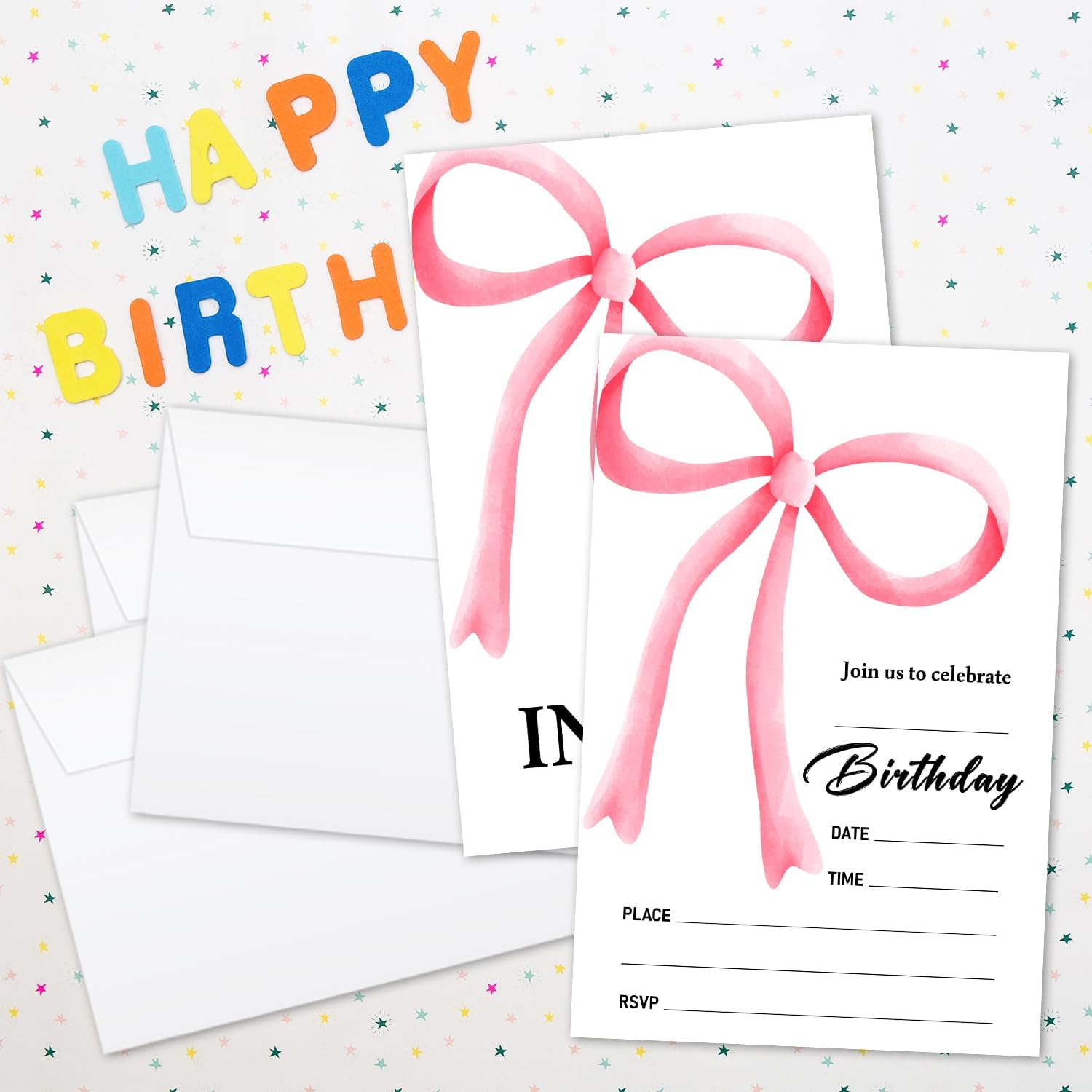 Pink Bow Girls Birthday Invitations Set of 20 with Envelopes