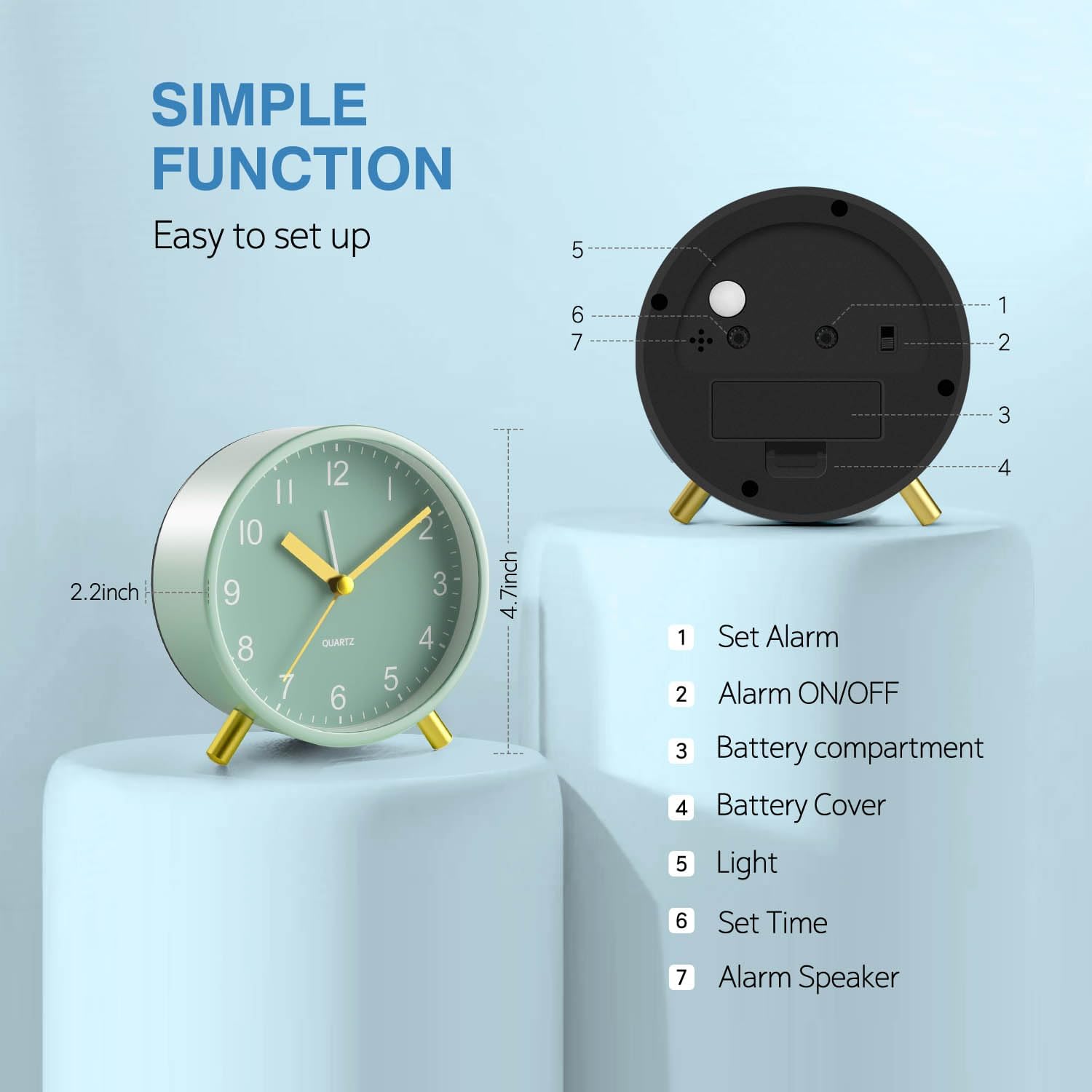 YouJabz Analog Alarm Clock with Silent Operation and Night Light