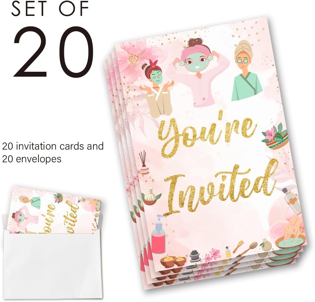 EUDOSI Pink Spa Birthday Party Invites Set of 20 with Envelopes