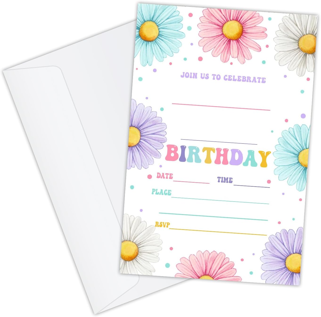 20 Daisy Flower Birthday Invitations with Envelopes