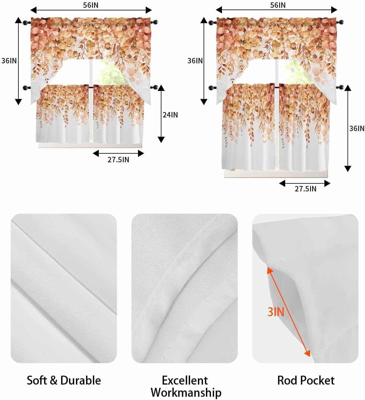 Orange Eucalyptus Leaf Curtain Set with Valance and Tiers