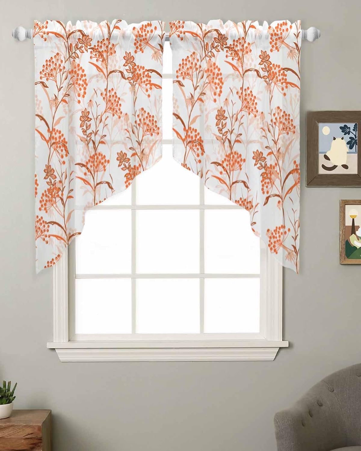 Orange Wildflower Swag Curtains 2 Panels Set 36 Inch Length