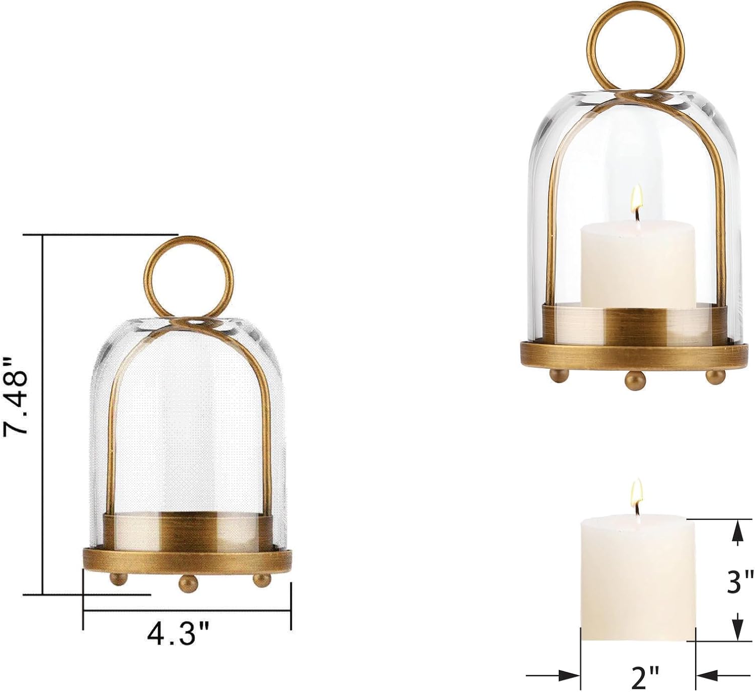 75 Inch High Modern Metal Hurricane Lantern with Brass Finish and Glass Dome