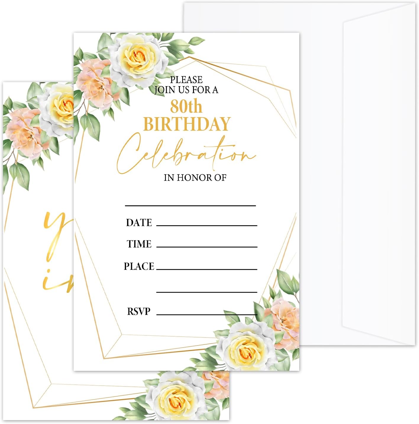 80th Floral Birthday Invitations Set 20PCS