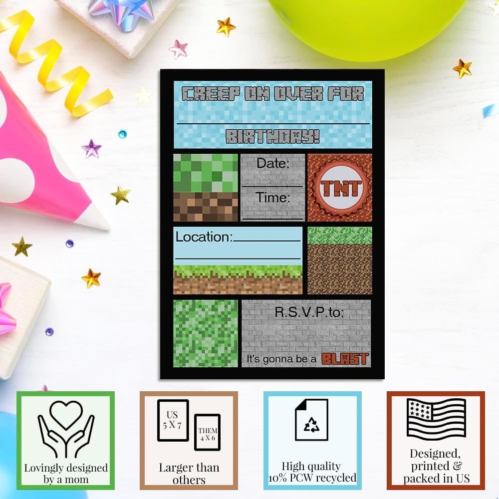 Creepy Pixel Miner Birthday Invites 20 5x7 Fill-In Cards with Envelopes