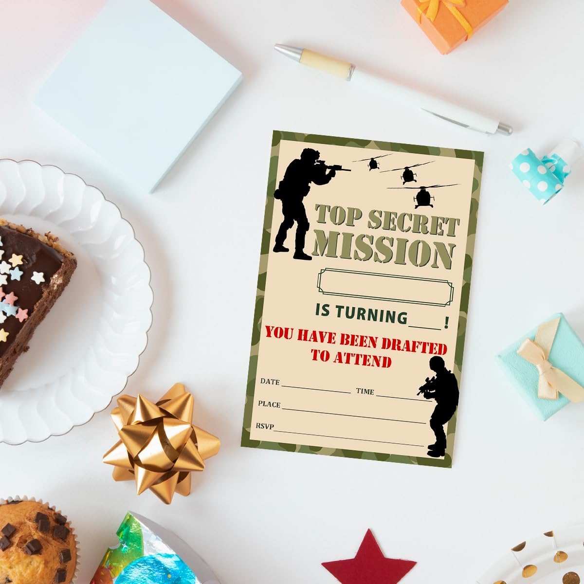 Camo Military Birthday Invitations Set with Envelopes 4x6