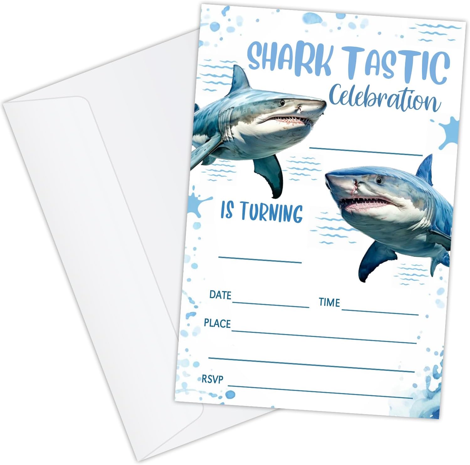 20 Shark Birthday Invitations with Envelopes