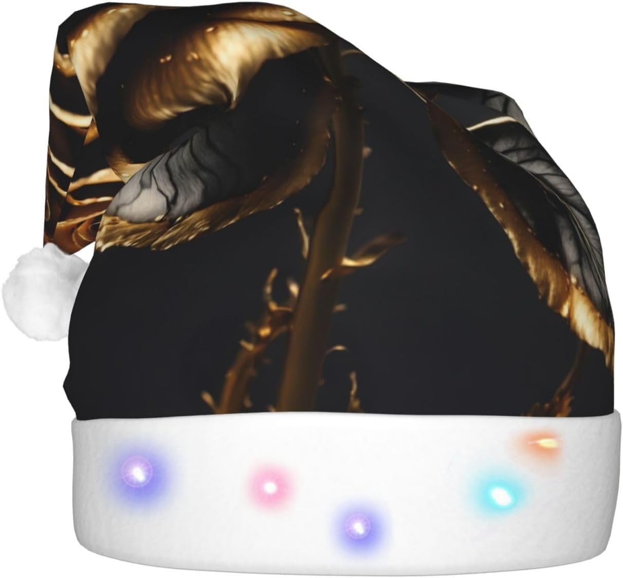 Black And Gold Flowers Print Christmas Hat with LED Lights