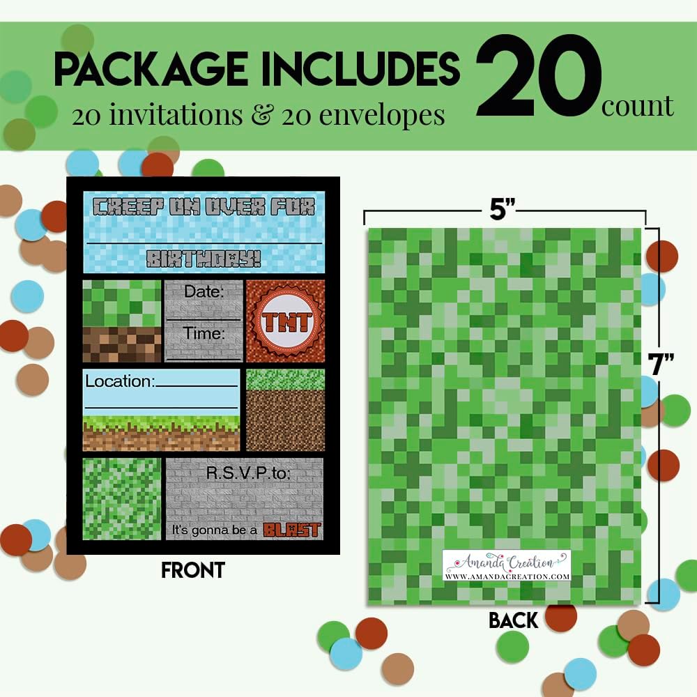 Creepy Pixel Miner Birthday Invites 20 5x7 Fill-In Cards with Envelopes