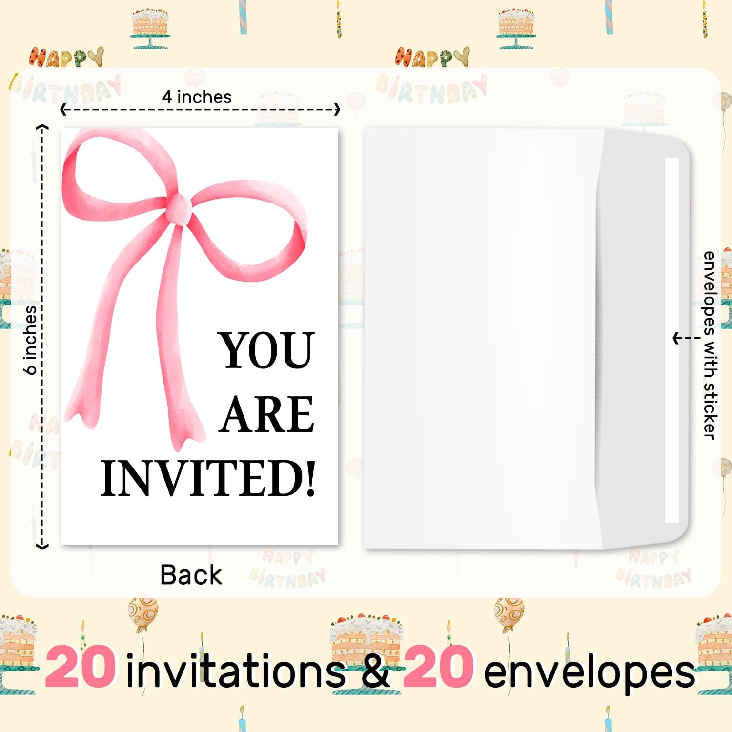 Pink Bow Girls Birthday Invitations Set of 20 with Envelopes