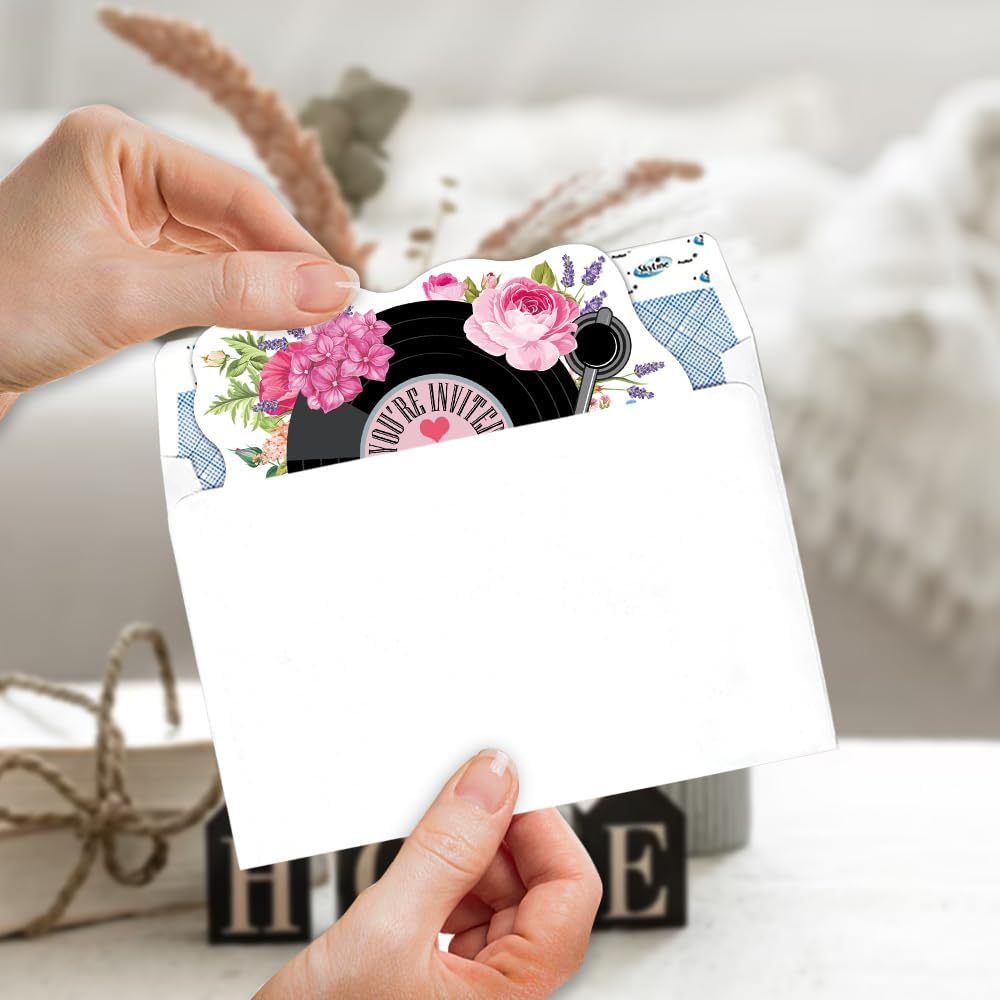 ERHACHAIJIA 20PCS Pink Flowers Vinyl Records Party Invites