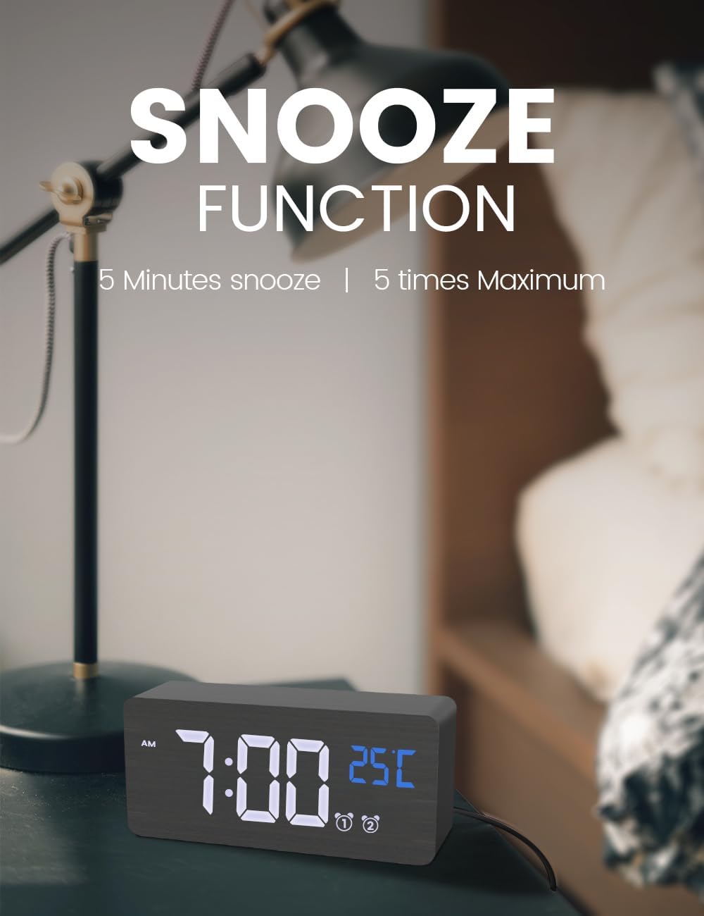 Wooden Digital Alarm Clock with Dual Alarms and Dimmer