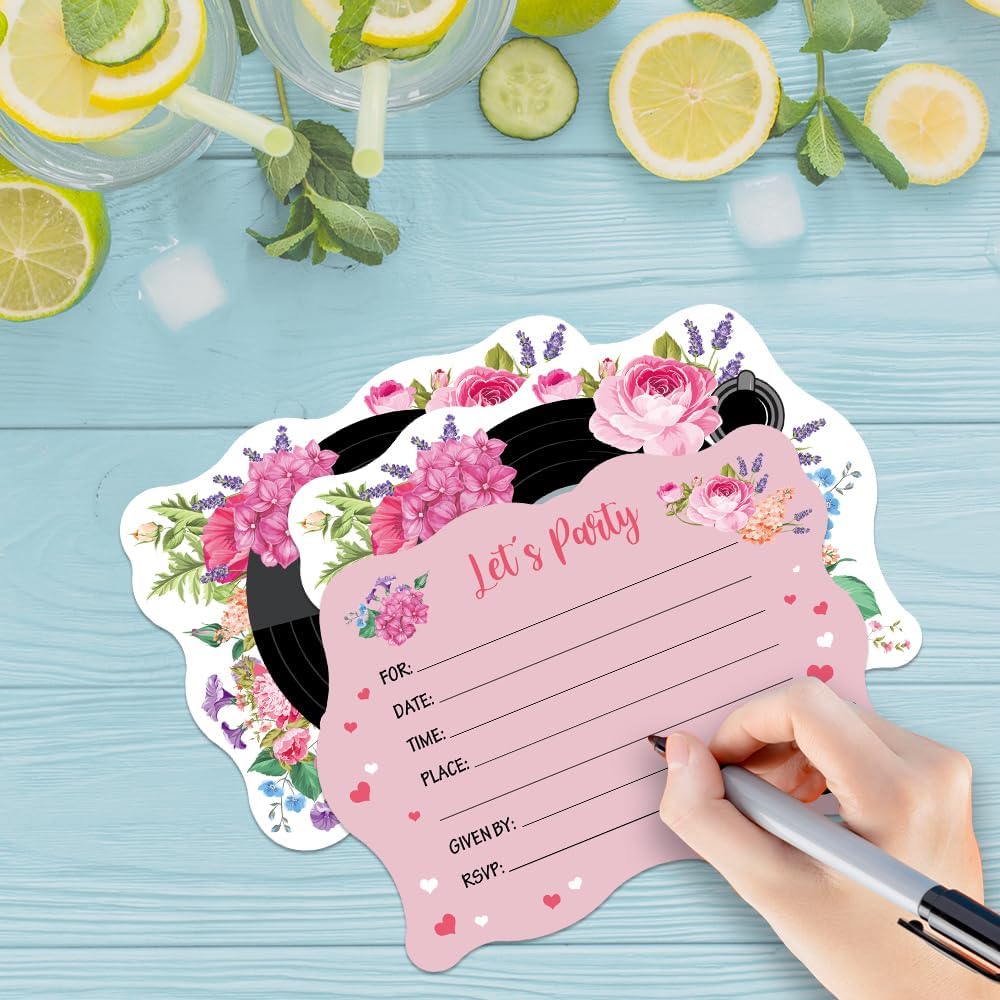 ERHACHAIJIA 20PCS Pink Flowers Vinyl Records Party Invites