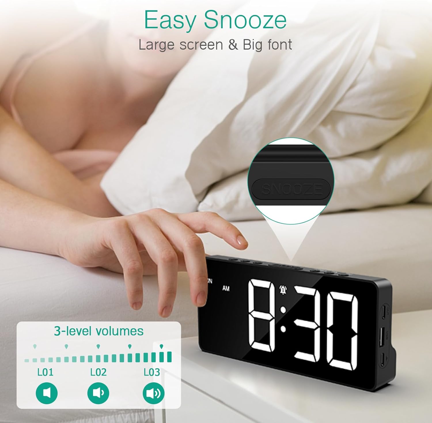 ORIA Digital Alarm Clock with Large Display and Adjustable Brightness