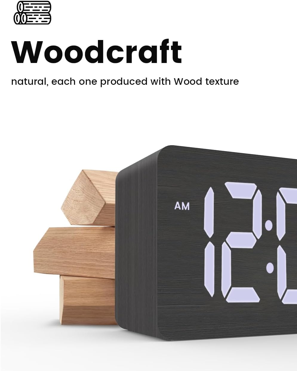 Wooden Digital Alarm Clock with Dual Alarms and Dimmer