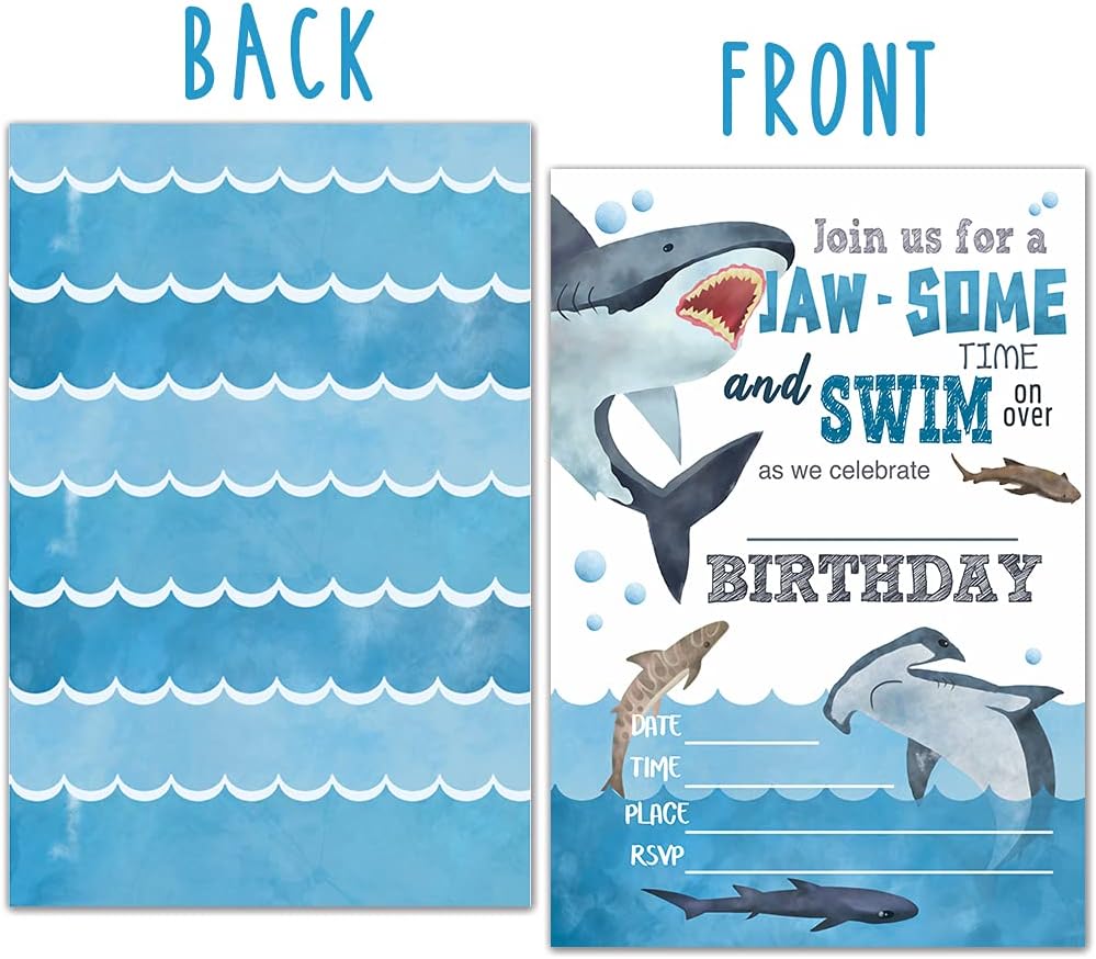 Ukebobo Shark Birthday Invitations with Envelopes 20 Cards Set