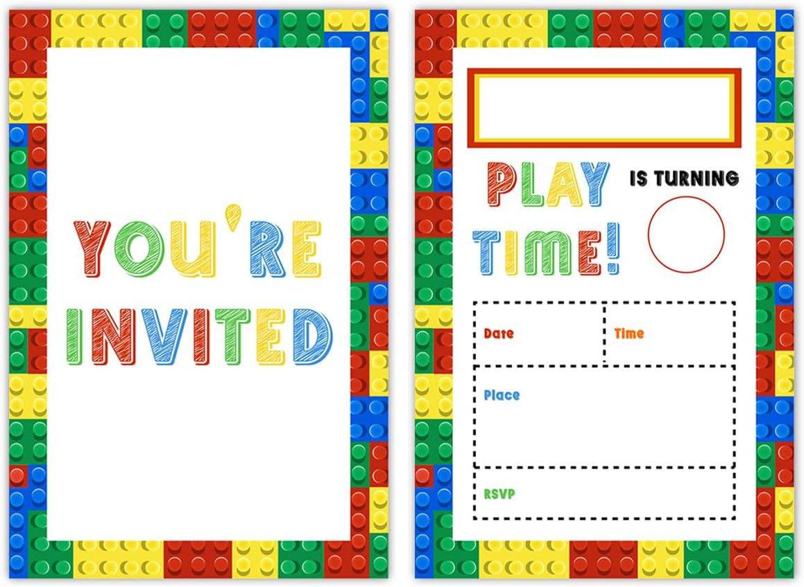 Qlnuk Building Blocks Birthday Invites With Envelopes Set of 20