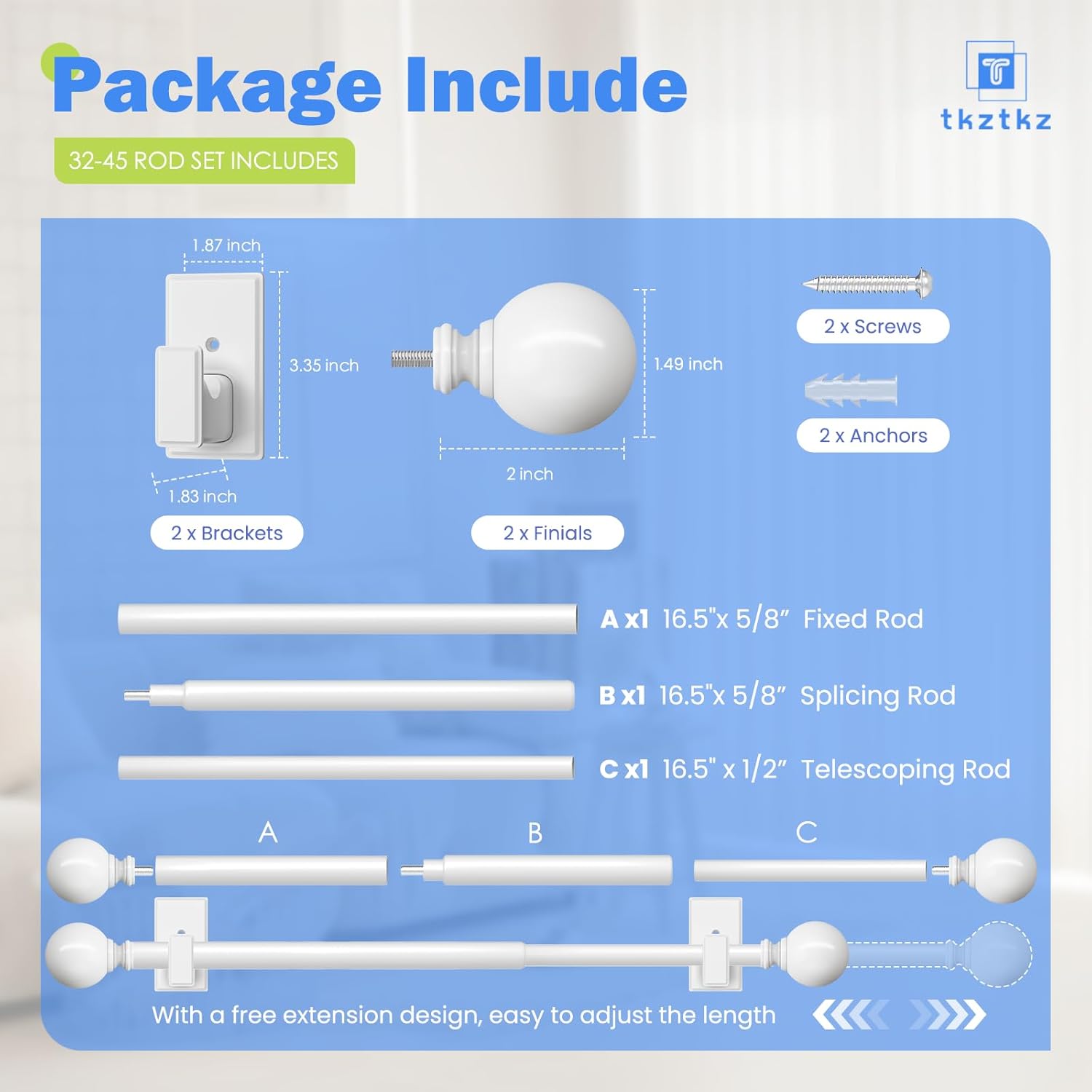 White No Drilling Curtain Rods Adjustable for Windows 32-45 Inches