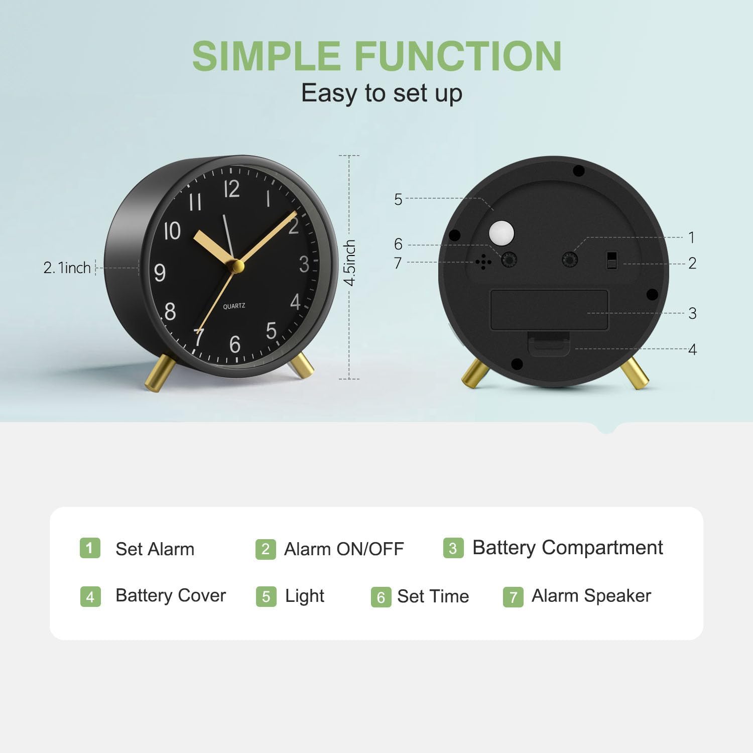 YouJabz Silent Analog Clock with Night Light