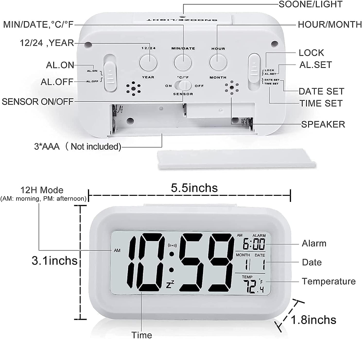 45 Inch LCD Digital Alarm Clock with Temperature and Calendar
