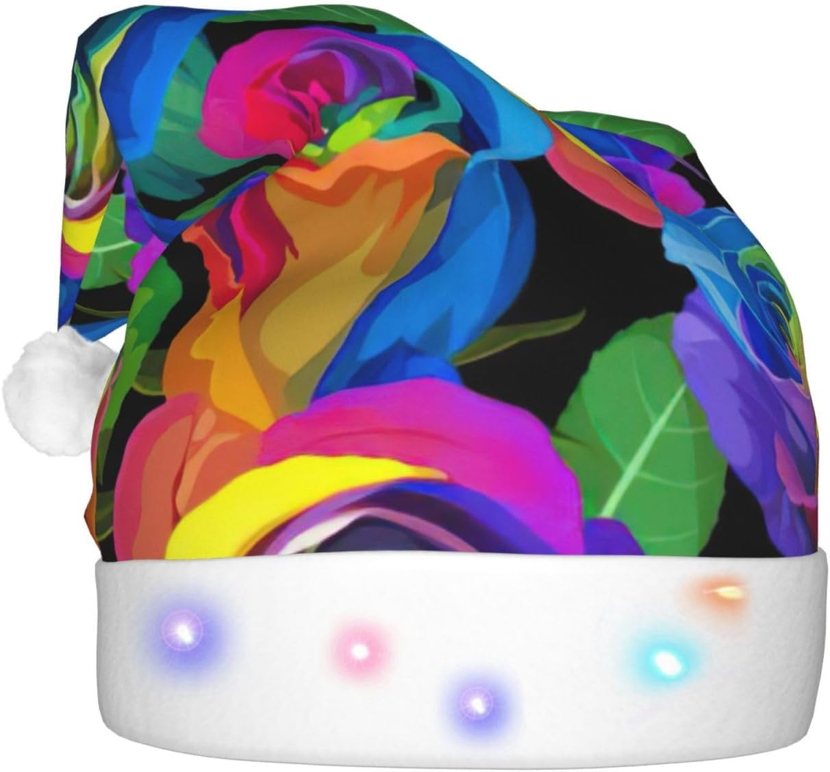 Multicolored Roses Print Christmas Hat with LED Lights