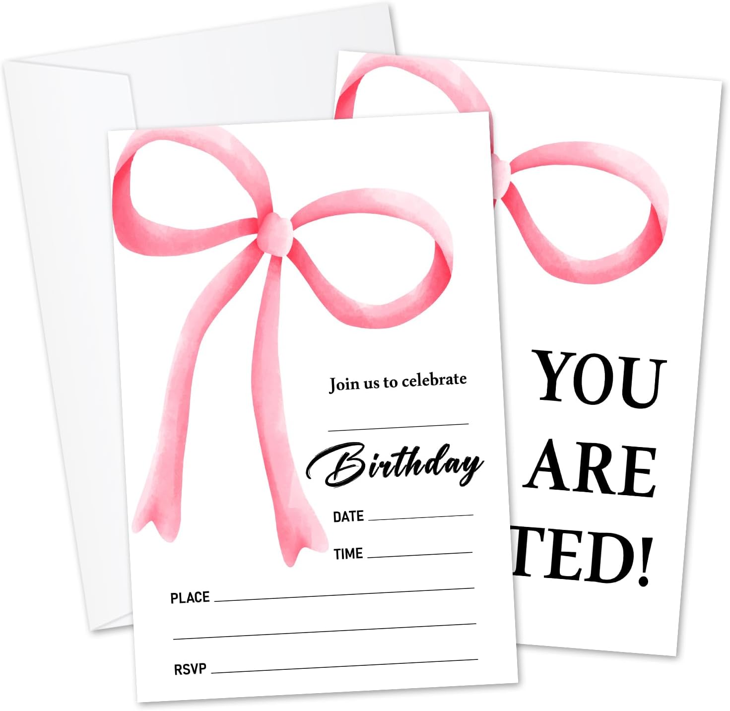 Pink Bow Girls Birthday Invitations Set of 20 with Envelopes
