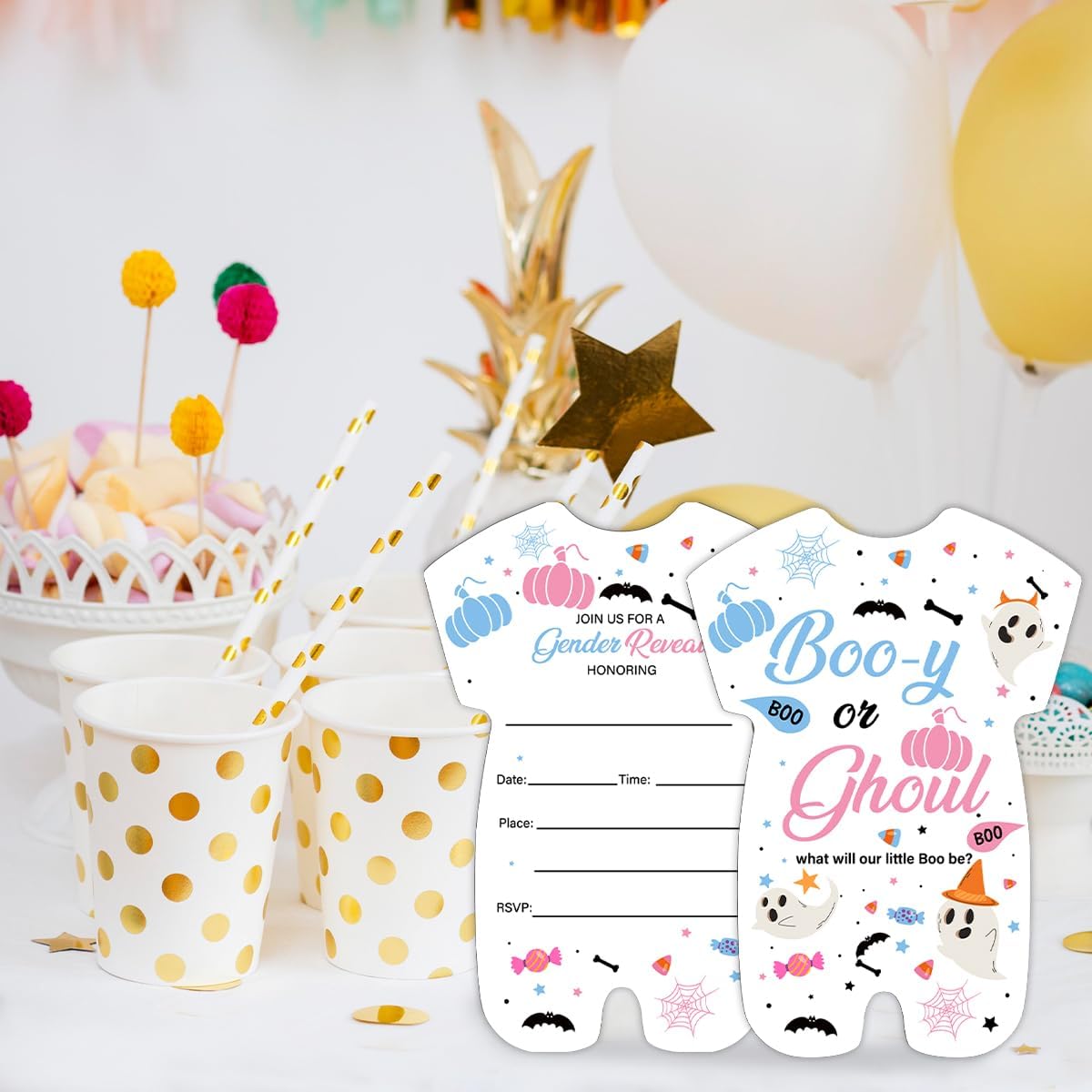 Halloween Gender Reveal Invitations Boo or Ghoul Shaped Set of 20