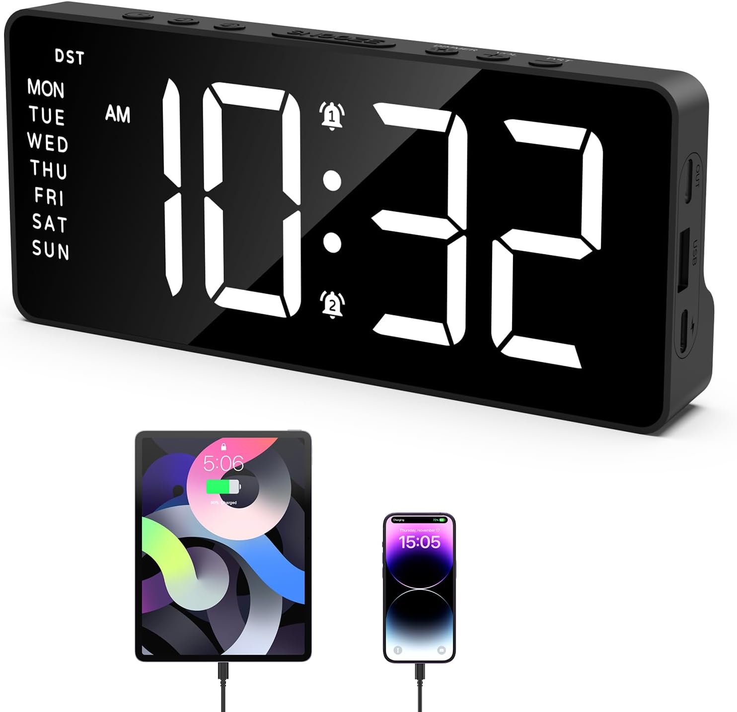 ORIA Digital Alarm Clock with Large Display and Adjustable Brightness