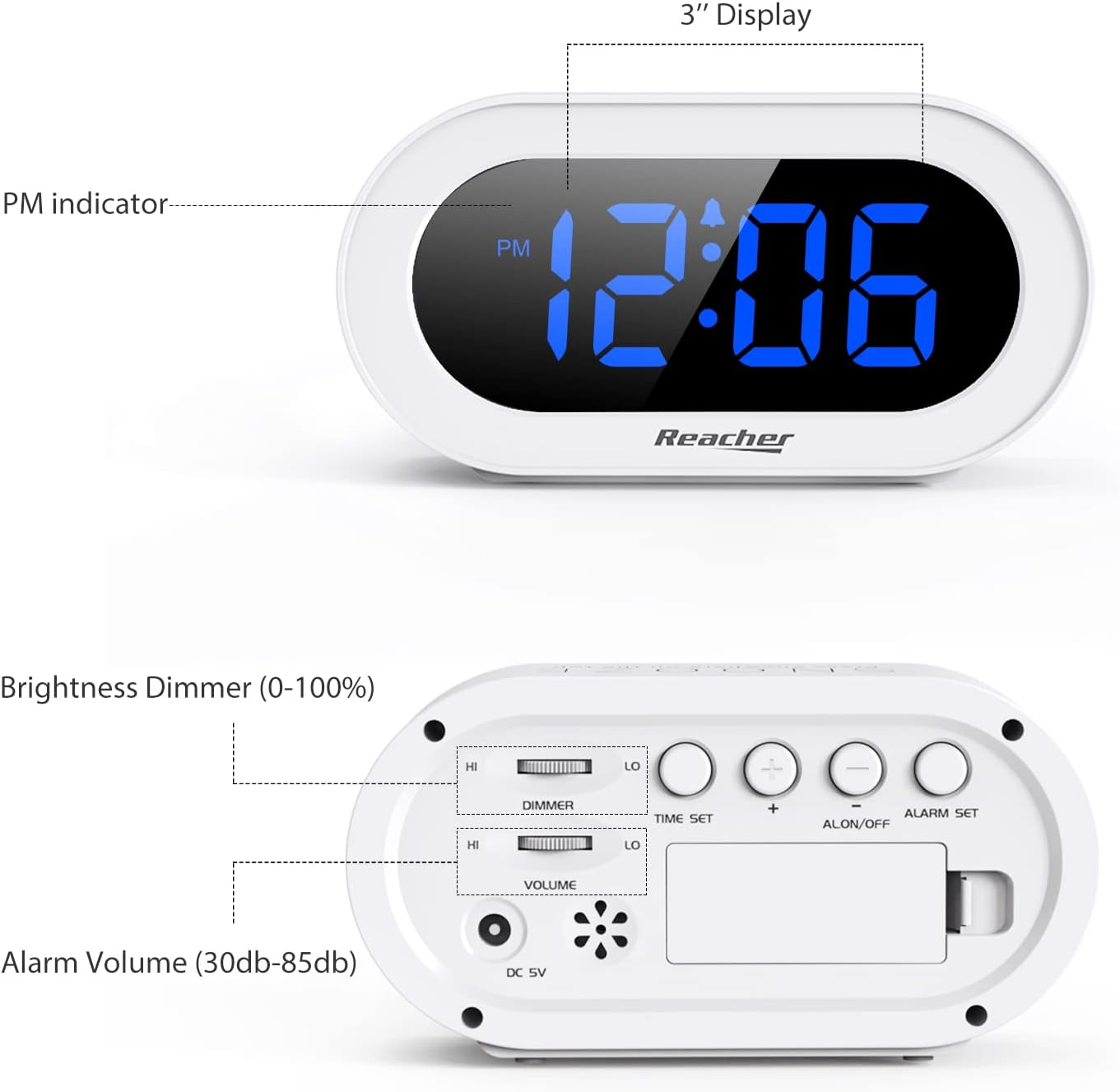 REACHER Small LED Digital Alarm Clock with Snooze and Brightness Control