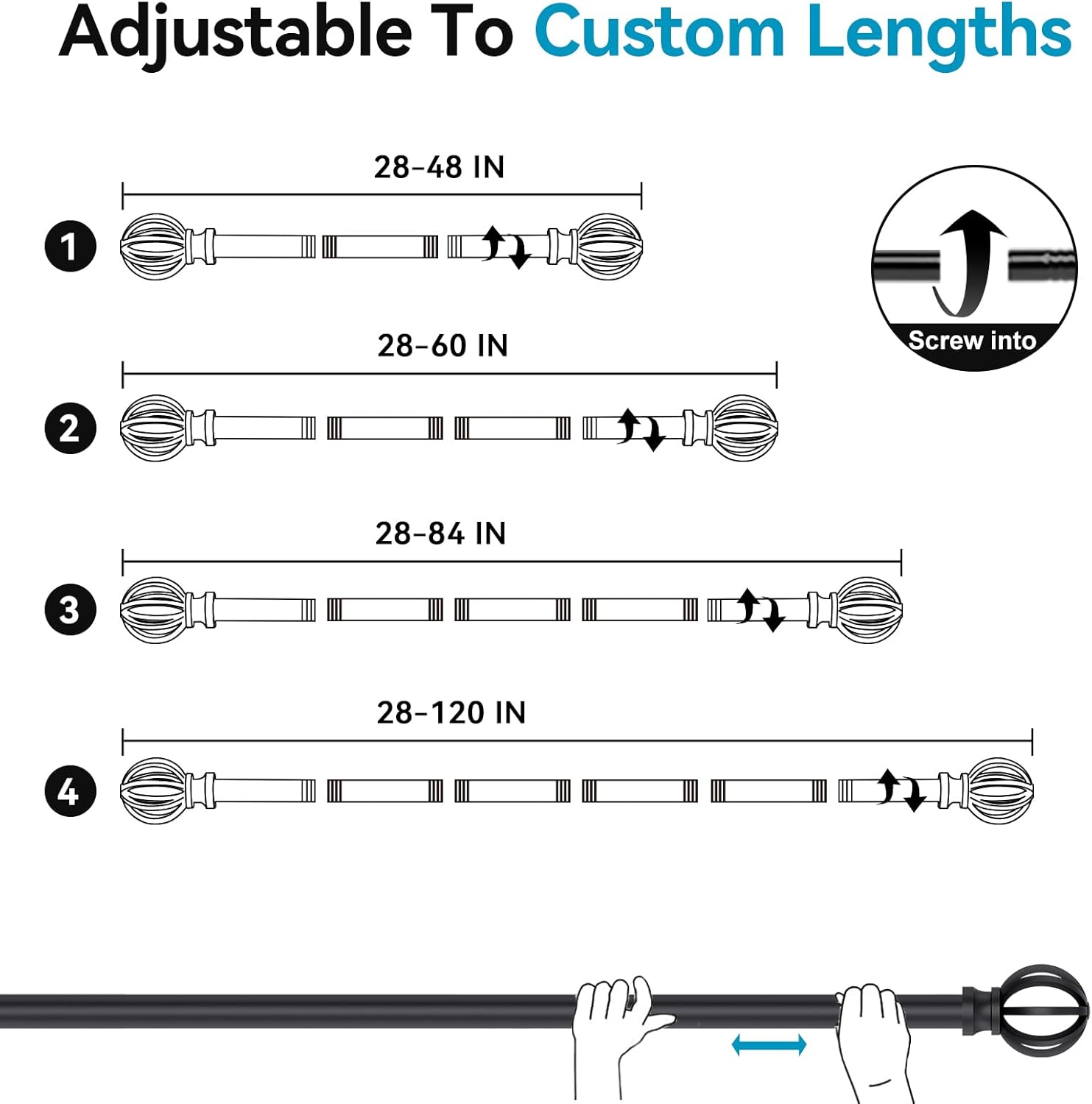 Black Curtain Rods 28-48 Inch Heavy Duty Metal Adjustable