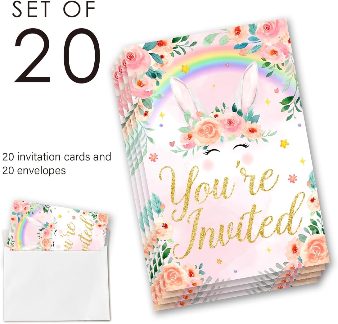 EUDOSI Rainbow Bunny Birthday Invitations Set of 20 with Envelopes
