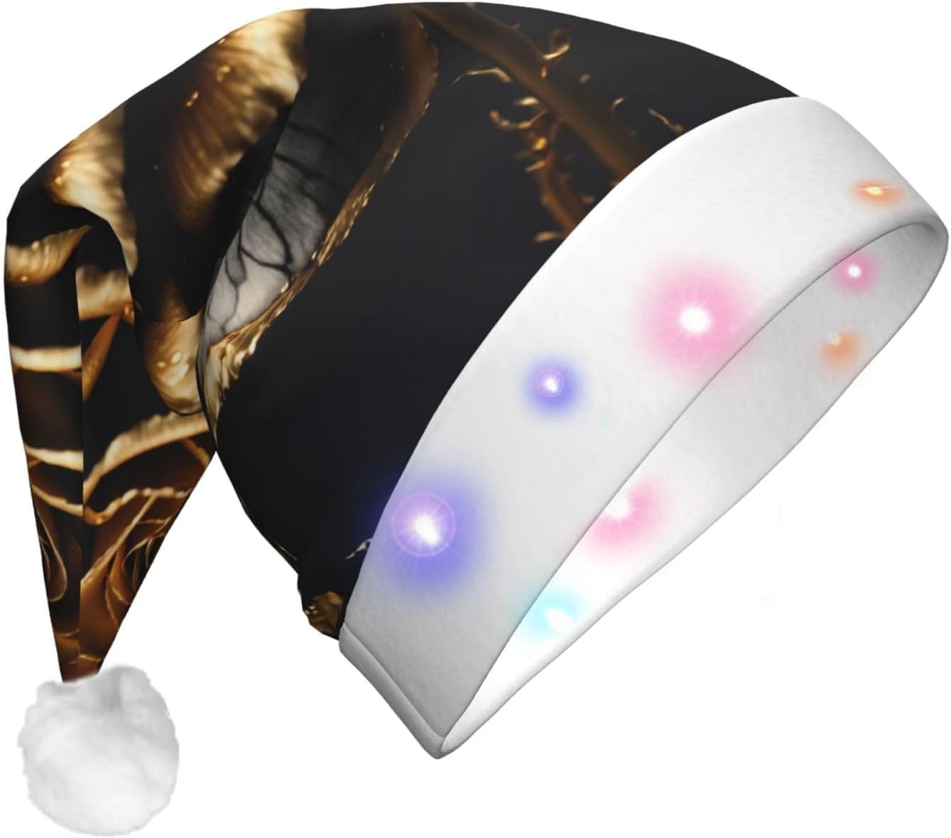 Black And Gold Flowers Print Christmas Hat with LED Lights
