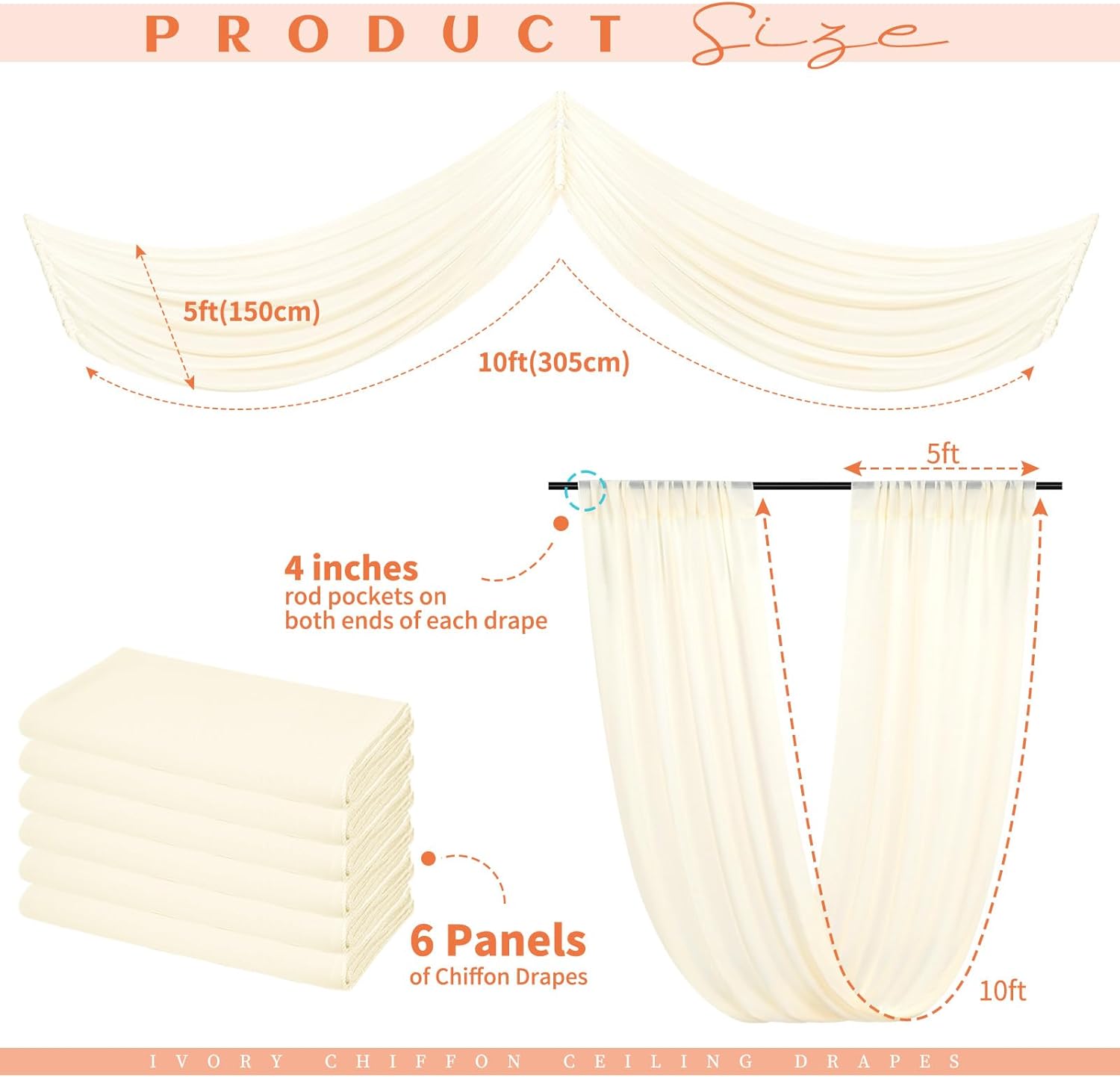 6 Panels Beige Ceiling Drapes for Wedding Decorations