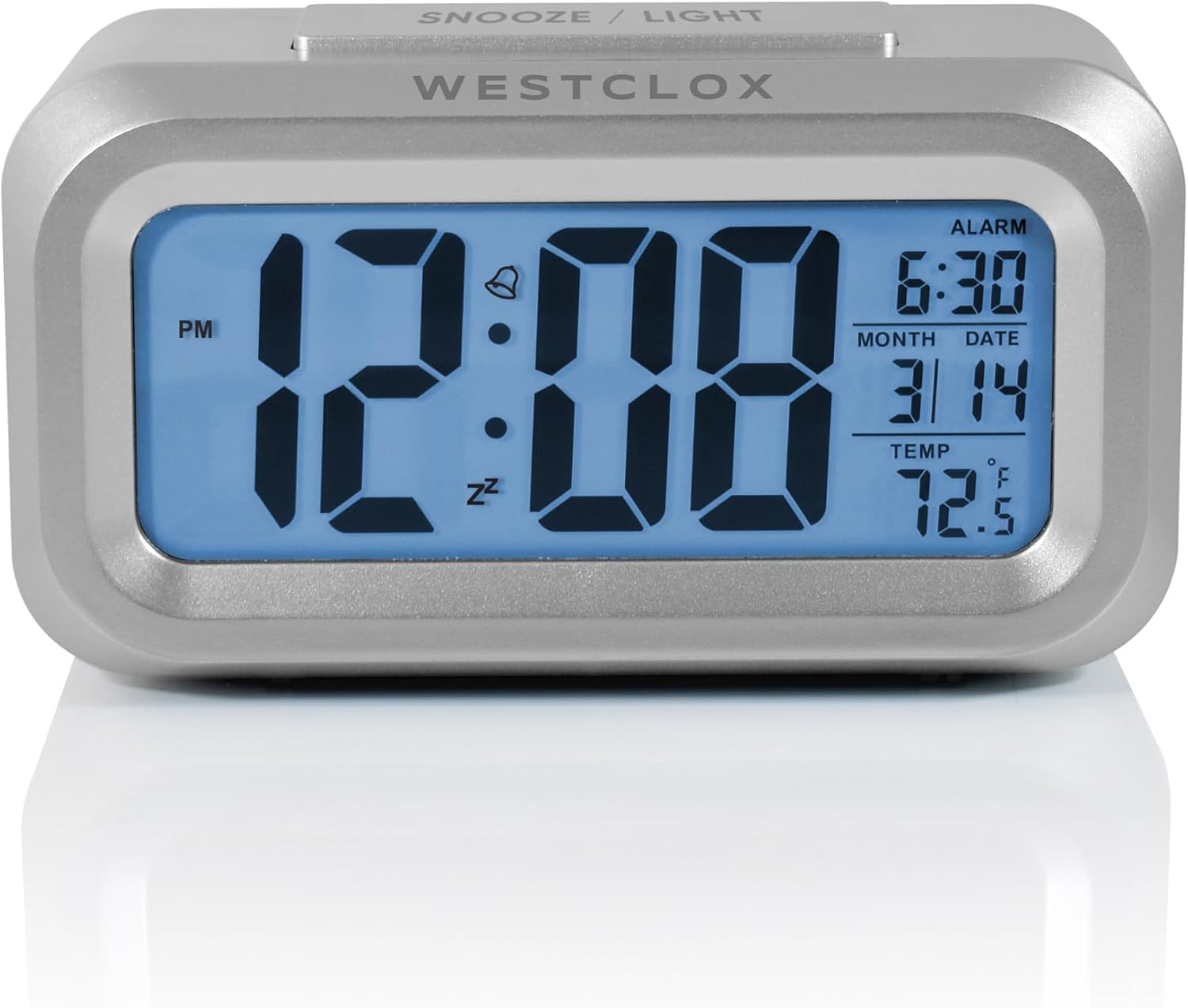 Westclox Digital Alarm Clock with Blue Backlight Temperature and Date Display Silver