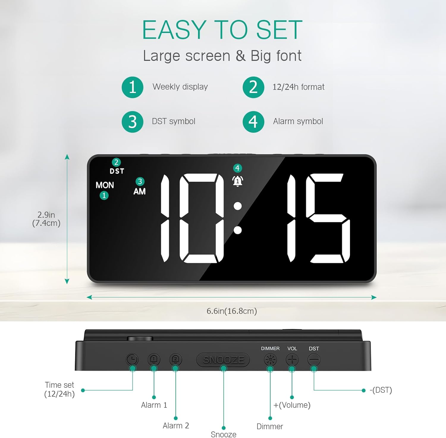 ORIA Digital Alarm Clock with Large Display and Adjustable Brightness