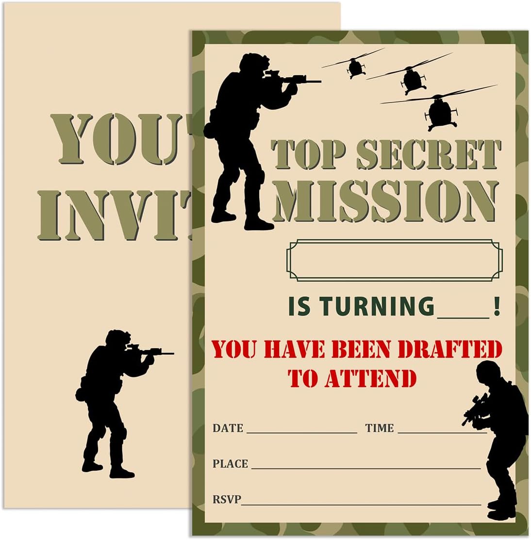 Camo Military Birthday Invitations Set with Envelopes 4x6