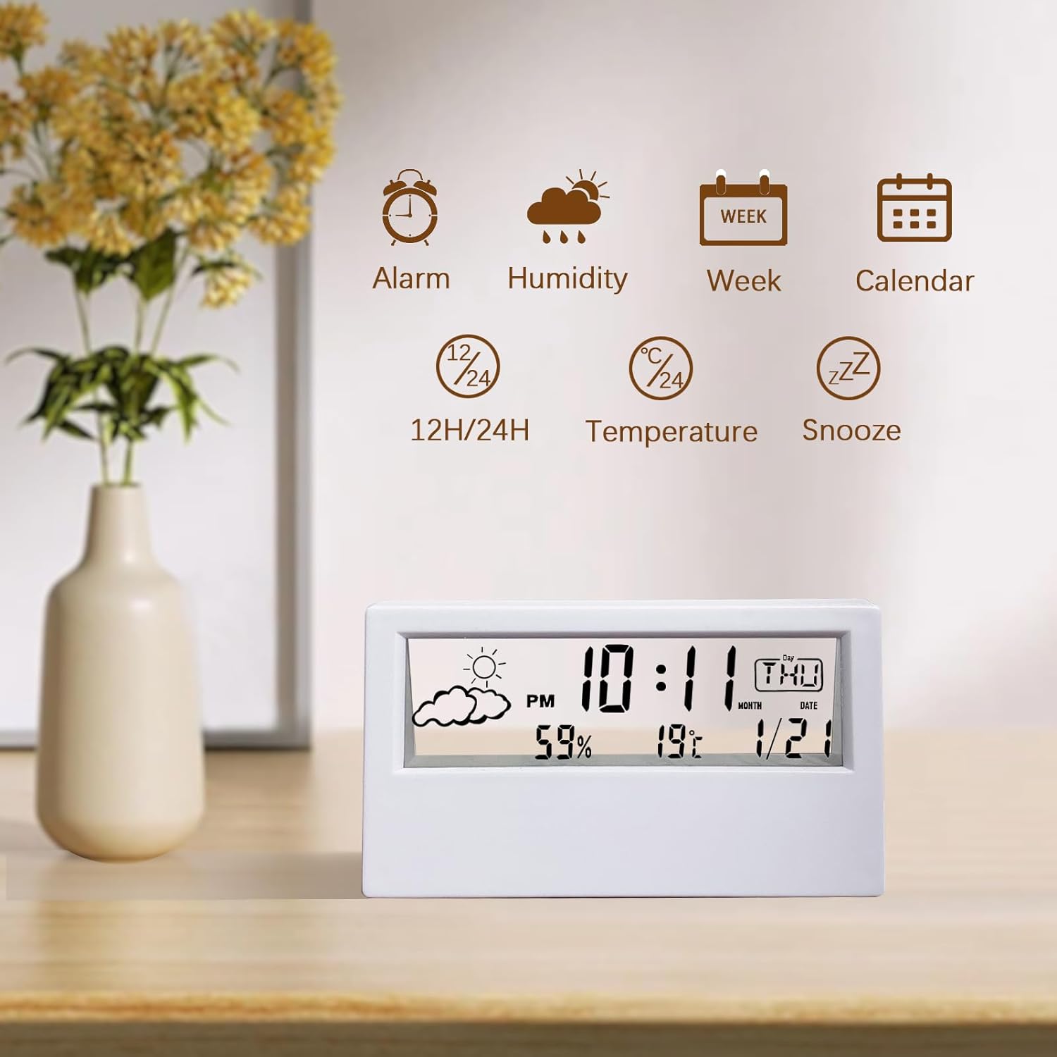 SawGlory Transparent Digital Alarm Clock with Humidity and Temperature Display