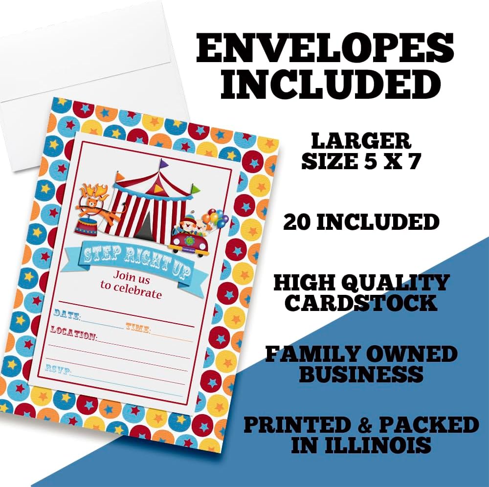 Carnival Circus Invitations 5x7 Fill-In Cards with 20 Envelopes