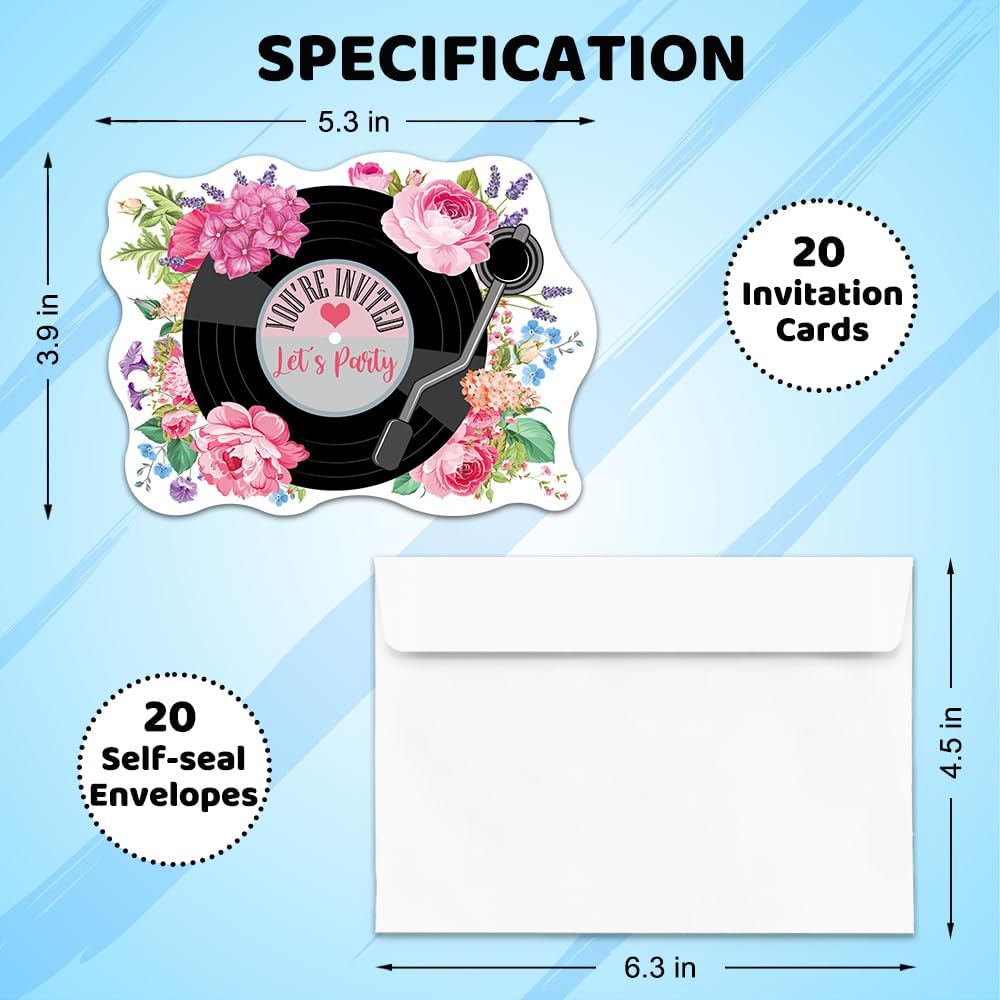 ERHACHAIJIA 20PCS Pink Flowers Vinyl Records Party Invites