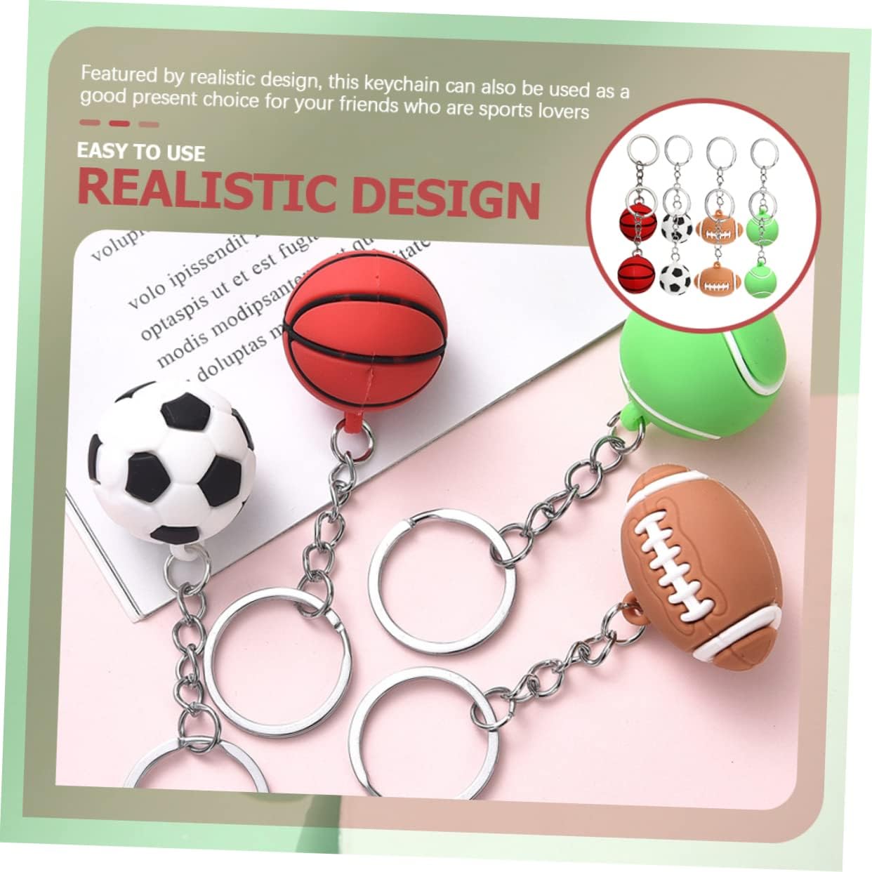 8pcs Sports Keychains Keyrings for Backpacks Luggage and School Bags