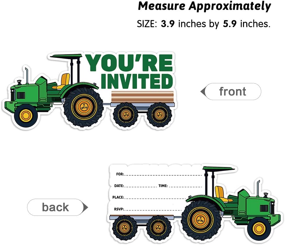 15 Sheet Green Tractor Party Invitation Set