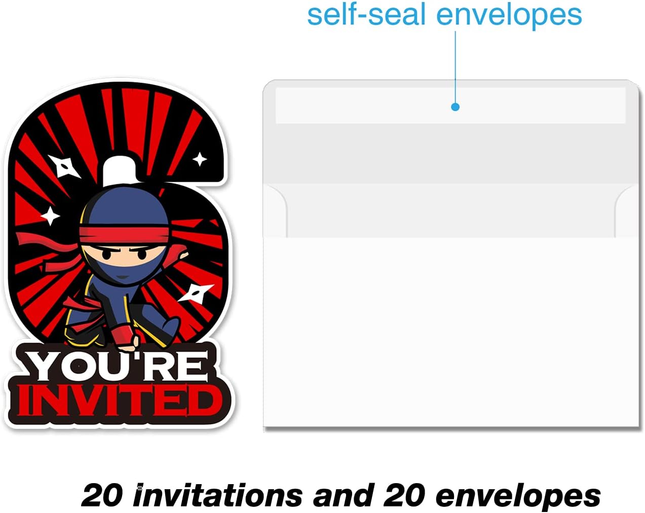 20 Ninja 6th Birthday Invitations with Envelopes