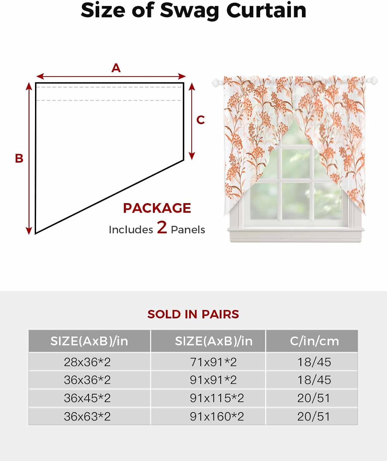 Orange Wildflower Swag Curtains 2 Panels Set 36 Inch Length