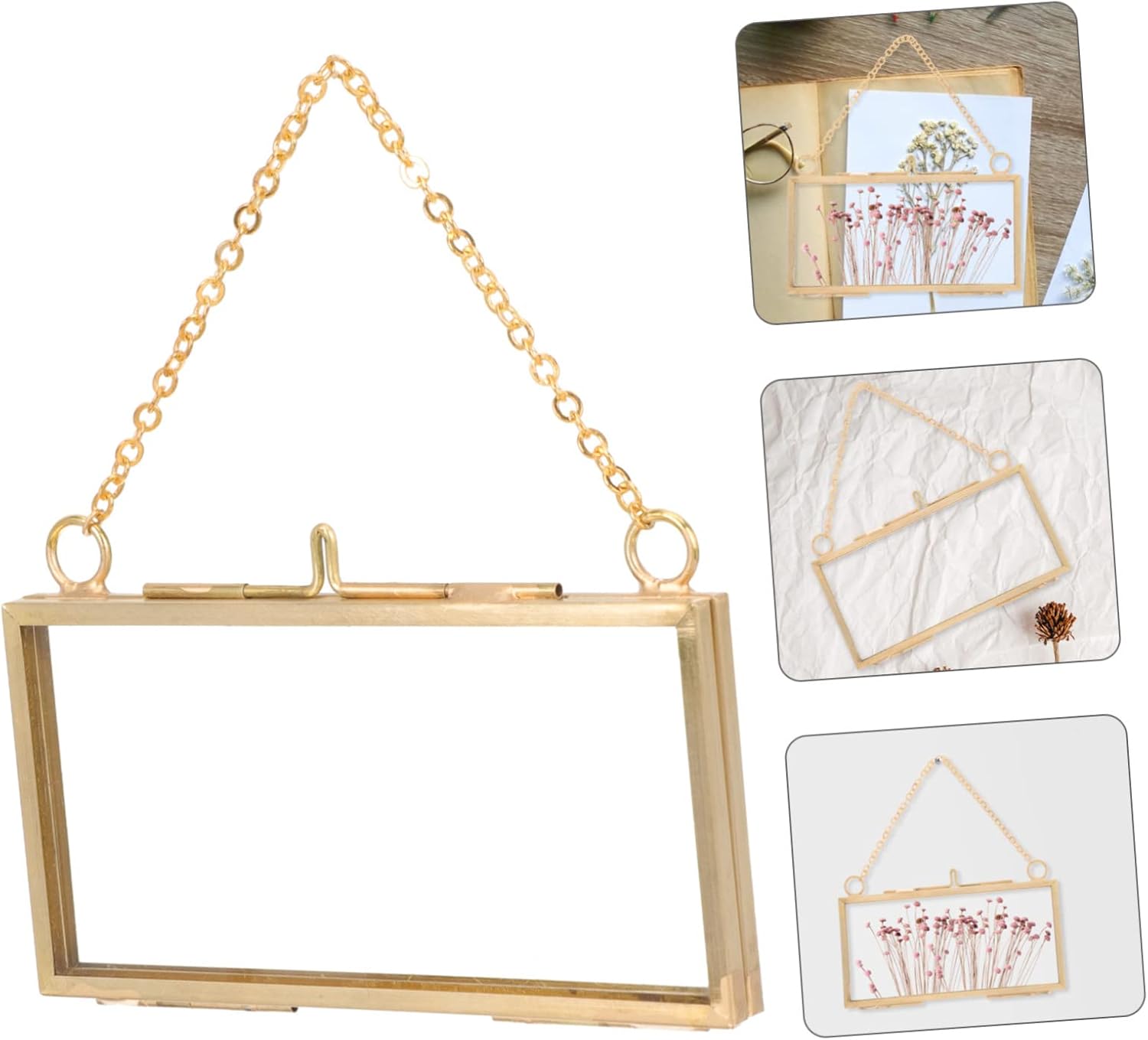 VOSAREA Brass Double Glass Hanging Picture Frame for Flowers and Photos