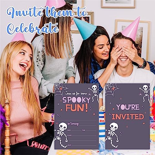Halloween Birthday Invites with Skull and Cobweb Design