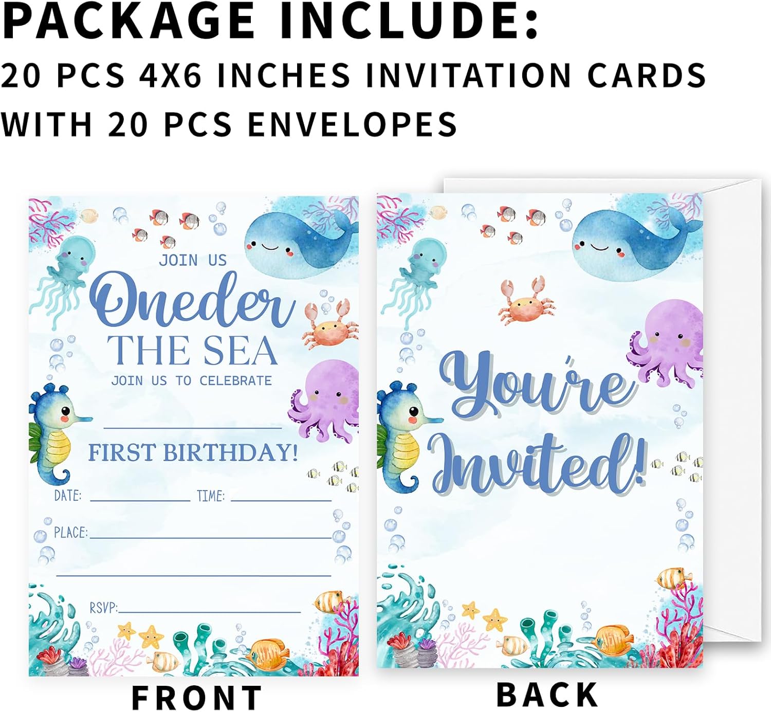 Under the Sea Birthday Invites 20 Pack with Envelopes